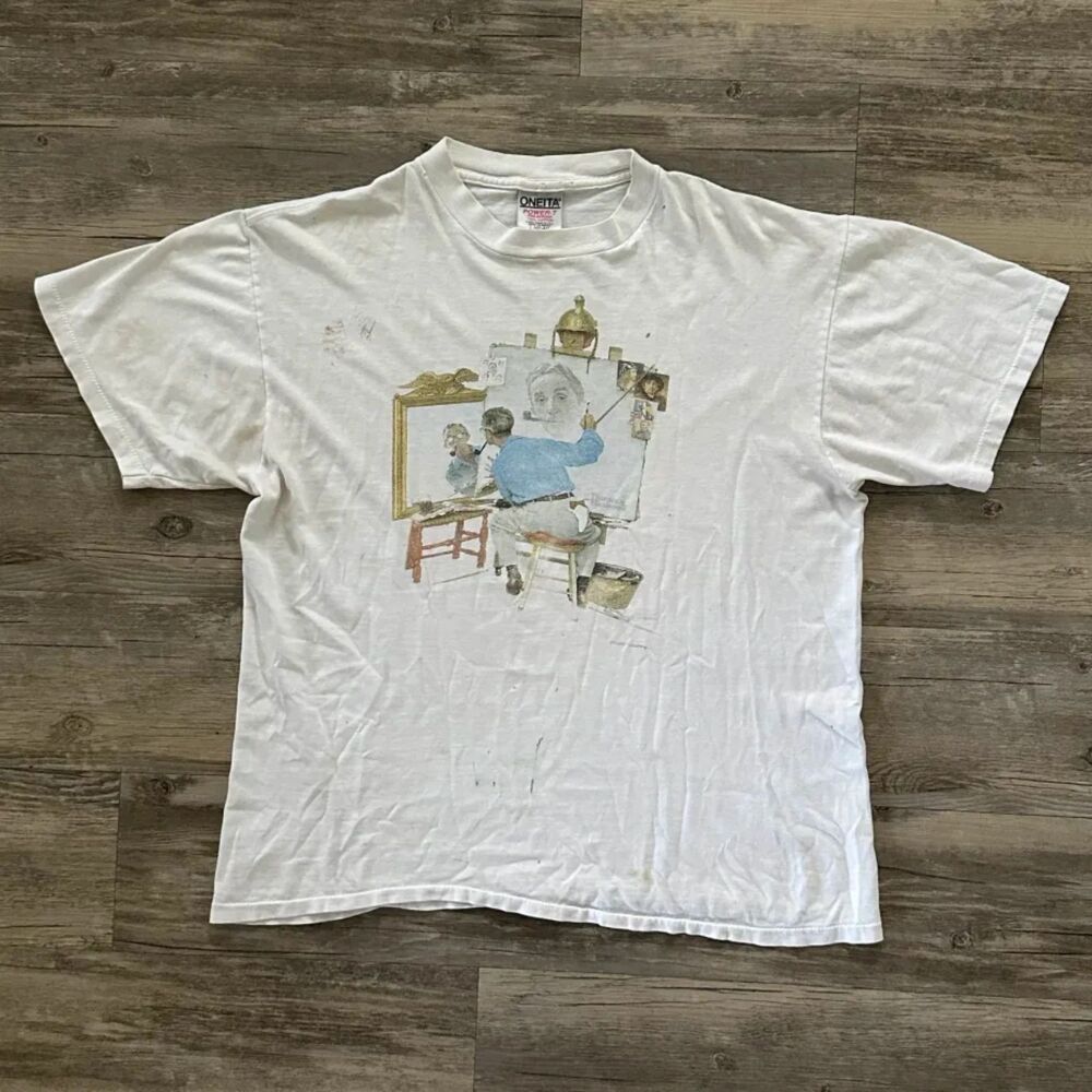 Vintage 90s Norman Rockwell Triple Self Portrait Art T-Shirt Size L